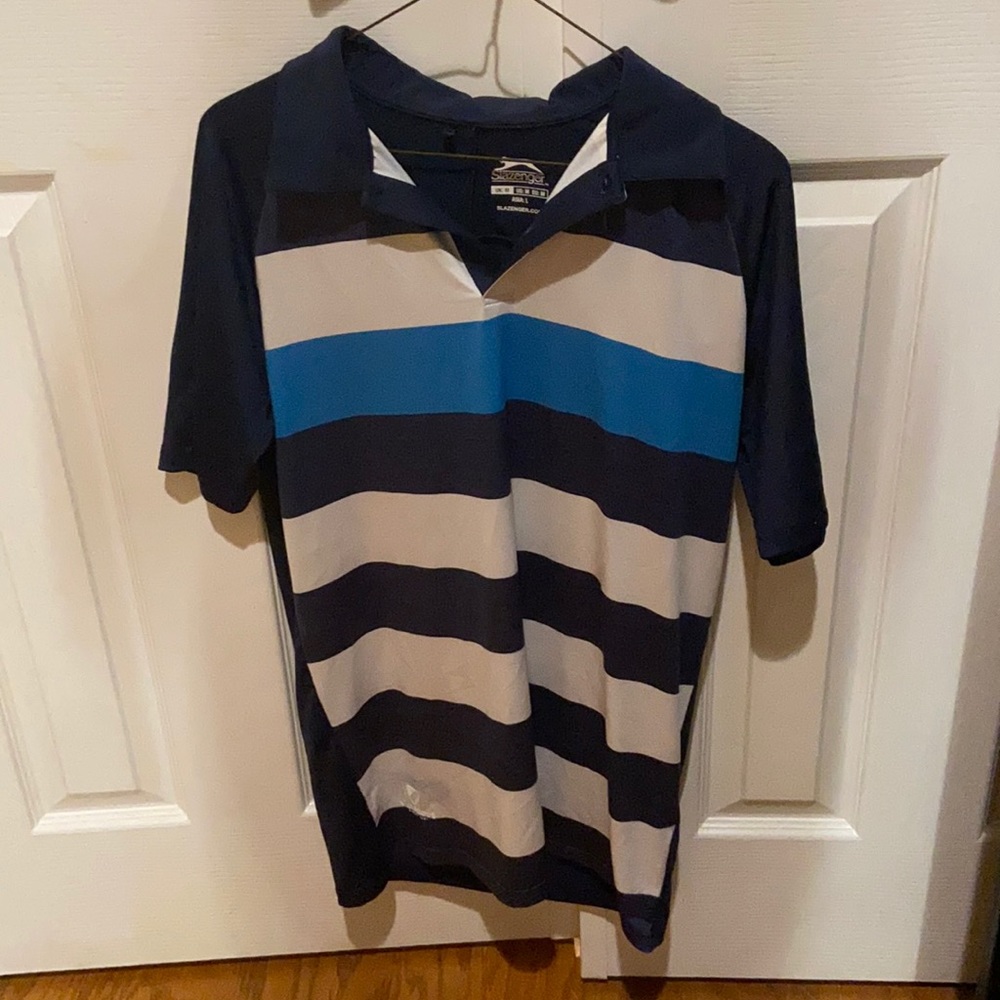 Slazenger Men’s Blue and White Striped Dri Fit Polo Shirt M